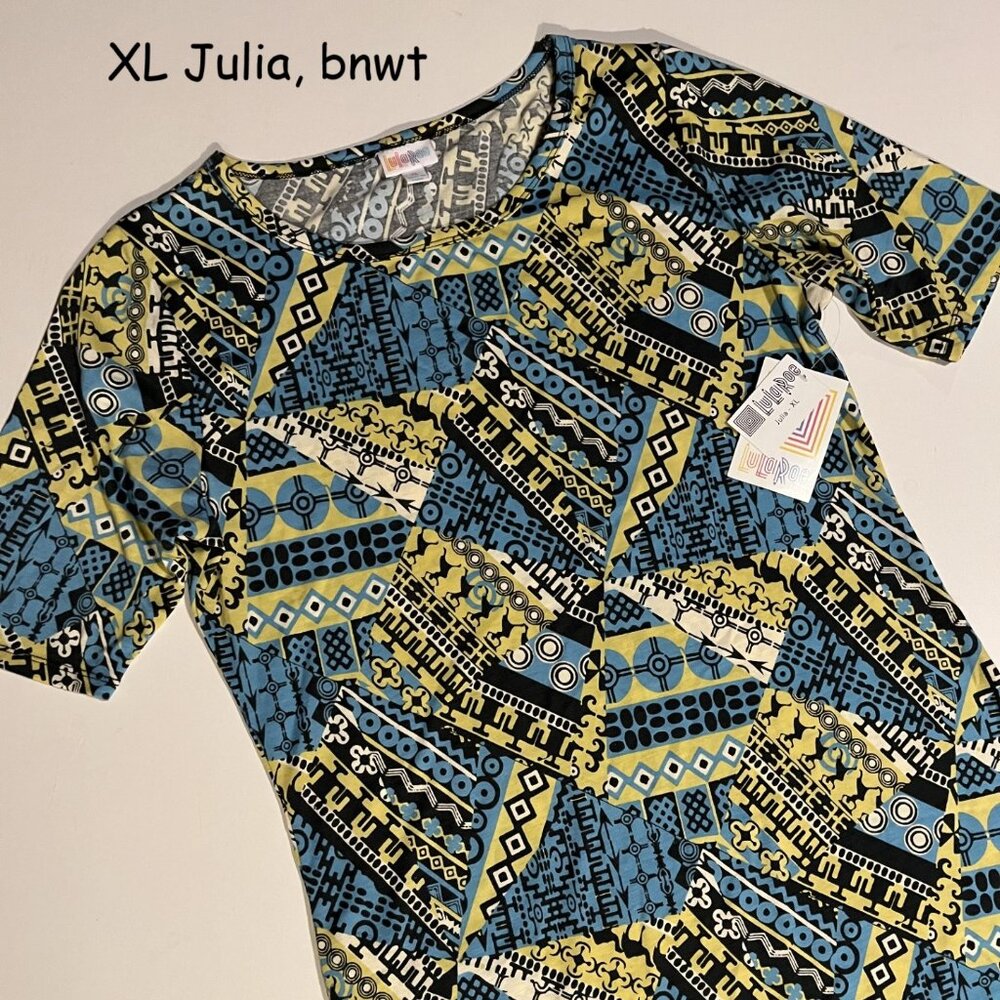 XL Lularoe Julia dress, yellow, blue, black tribal print